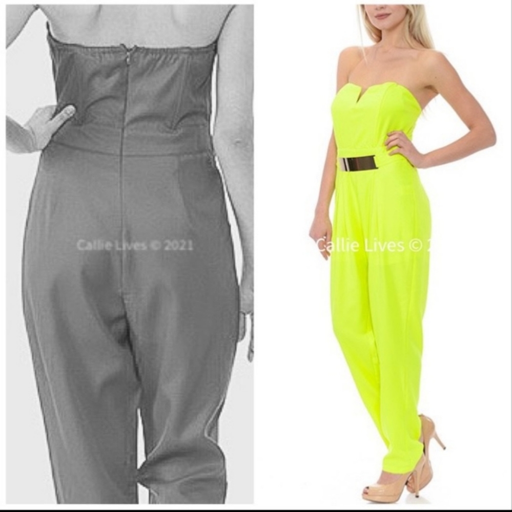 Stasia gold-plated bright neon lemon lime strapless gold buckle jumpsuit